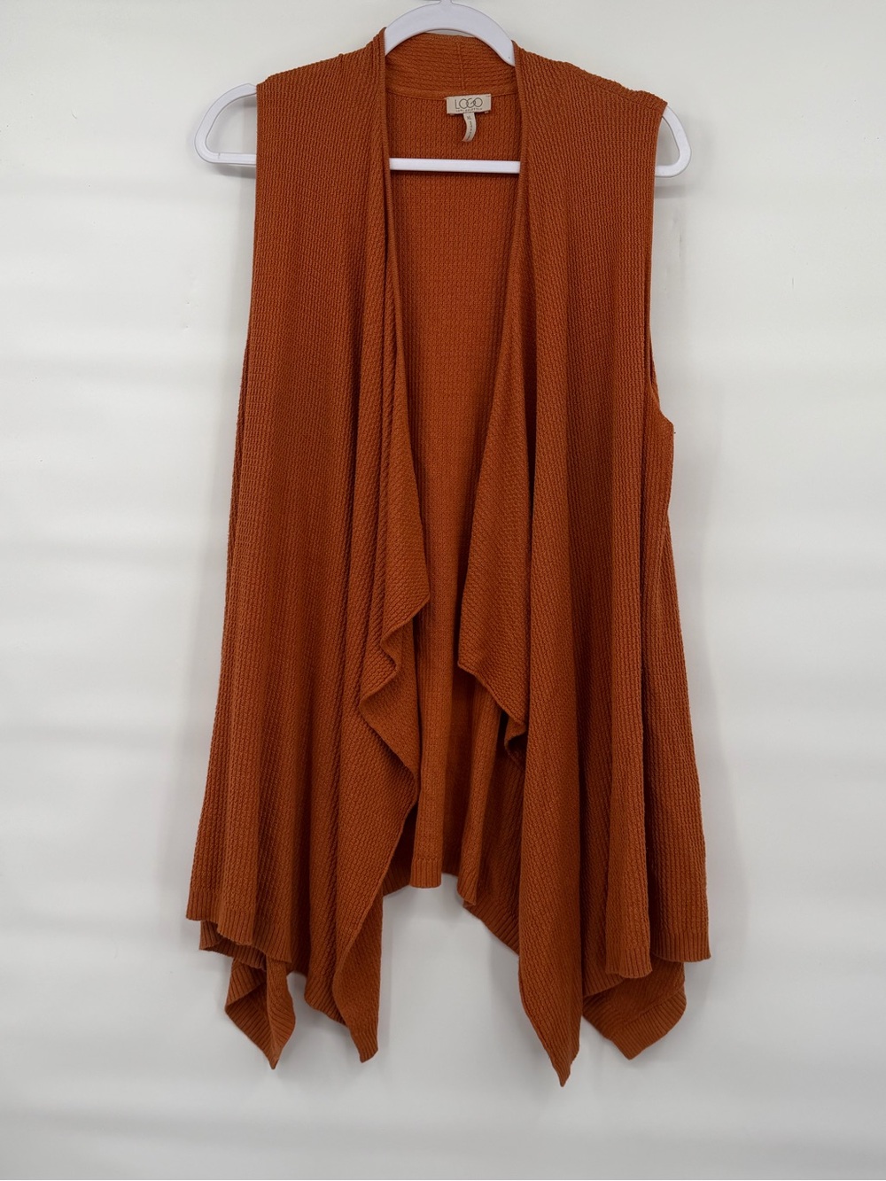 Logo Lori Goldstein drape rust cotton blend sleeveless cardigan vest poncho